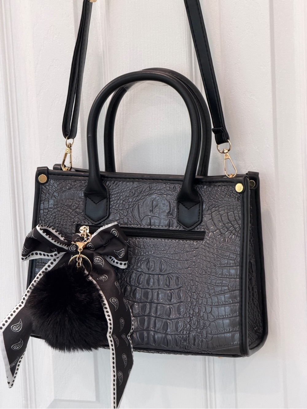 Structured Black Croc-Embossed Satchel with Bow Charm